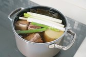 냄비에 물 2L, 데친 갈비, 무, 다시마, 대파를 넣고 찬물부터 끓입니다. 국간장 1/3 종이컵(50g)을 넣어 고기에 간이 배도록 합니다. 재료를 모두 넣은 뒤 센불로 끓이기 시작합니다.